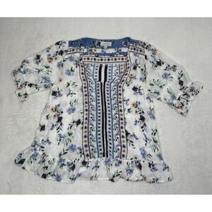 Lucky Brand Floral Blouse Puff Sleeve Crochet V-Neck Small
